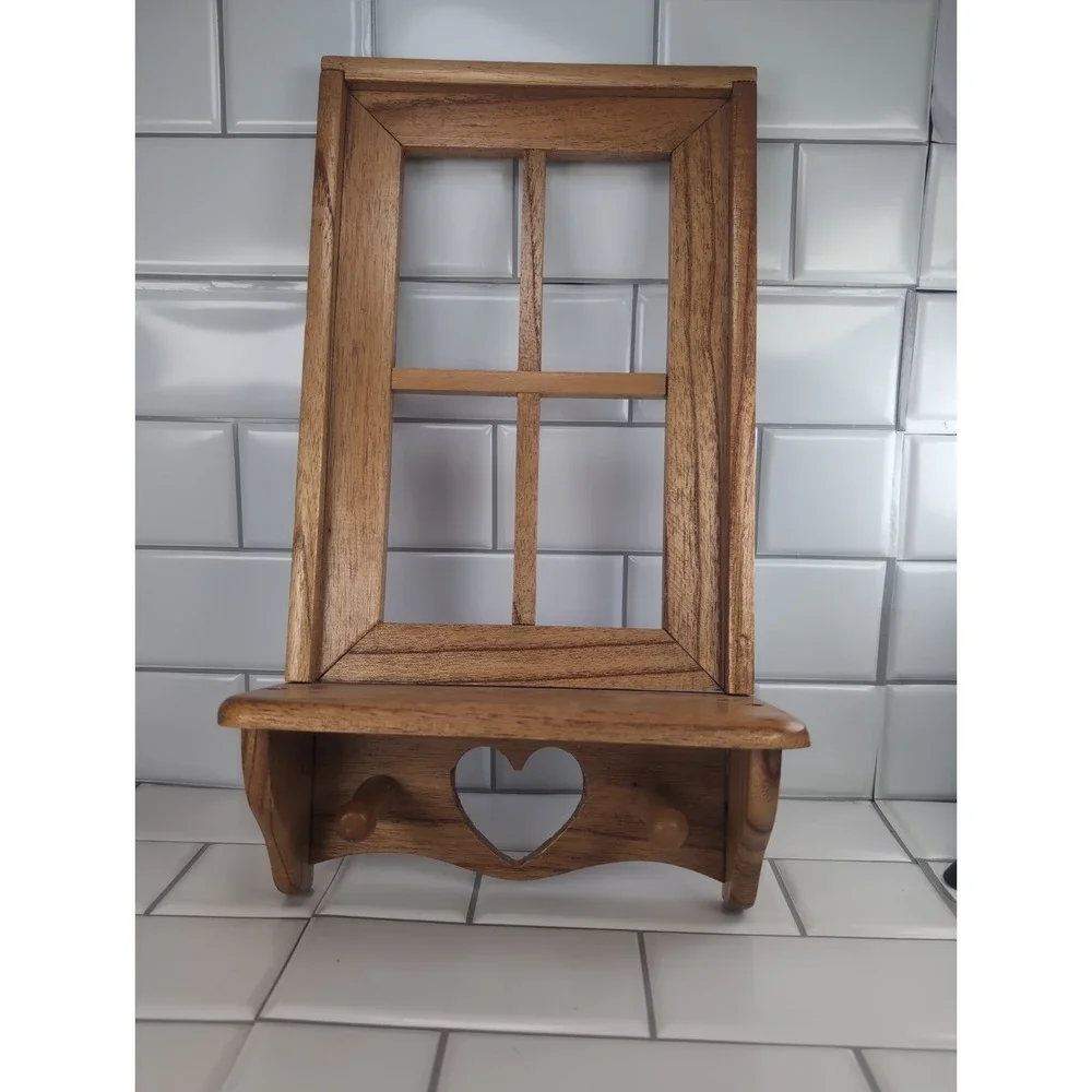 Vintage Window Wooden Wall Display Shelf Trinket W/Heart Cutout And Pegs cottage